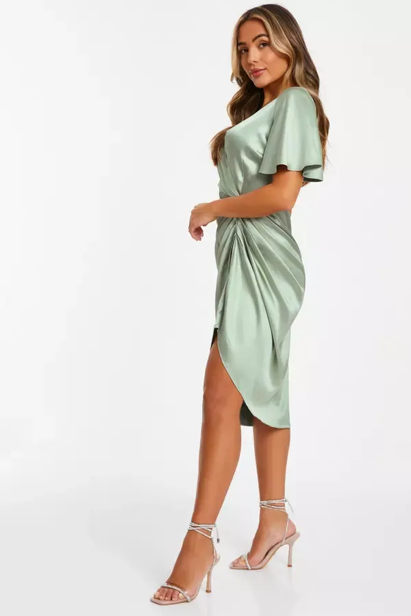 Quiz Clothing Dresses Petite Sage Satin Ruched Wrap Midi Dress 8211 Women
