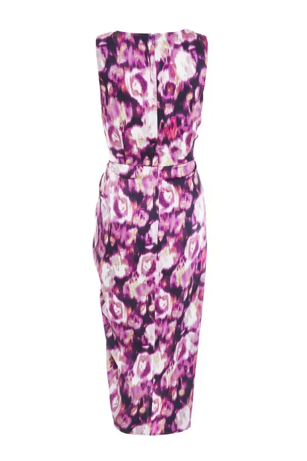 Quiz Clothing Dresses Purple Floral Print Ruched Midi Dress 8211 Women