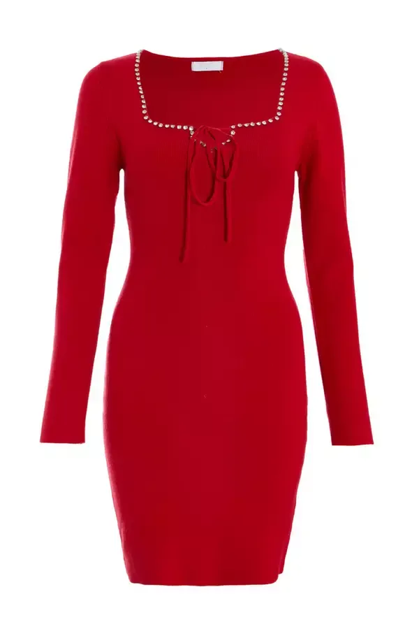 Quiz Clothing Dresses Red Diamante Trim Jumper Dress 8211 Women