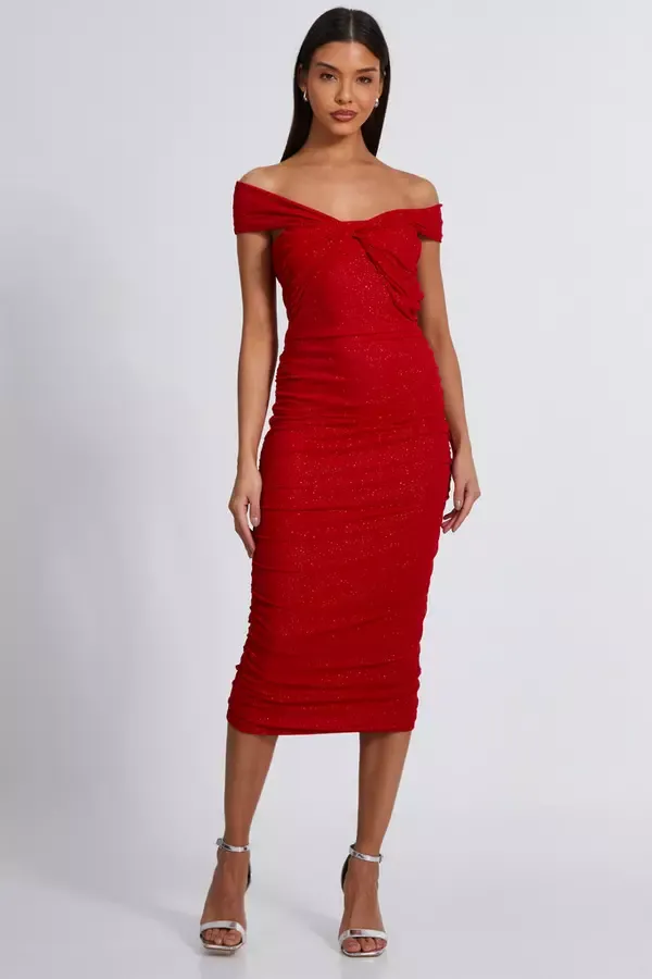 Quiz Clothing Dresses Red Glitter Mesh Midi Dress 8211 Women