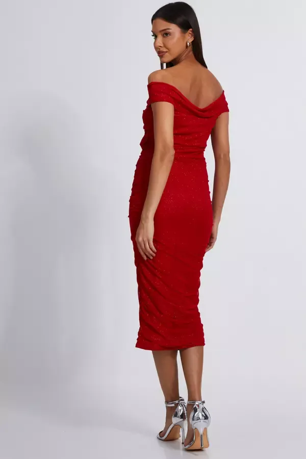 Quiz Clothing Dresses Red Glitter Mesh Midi Dress 8211 Women