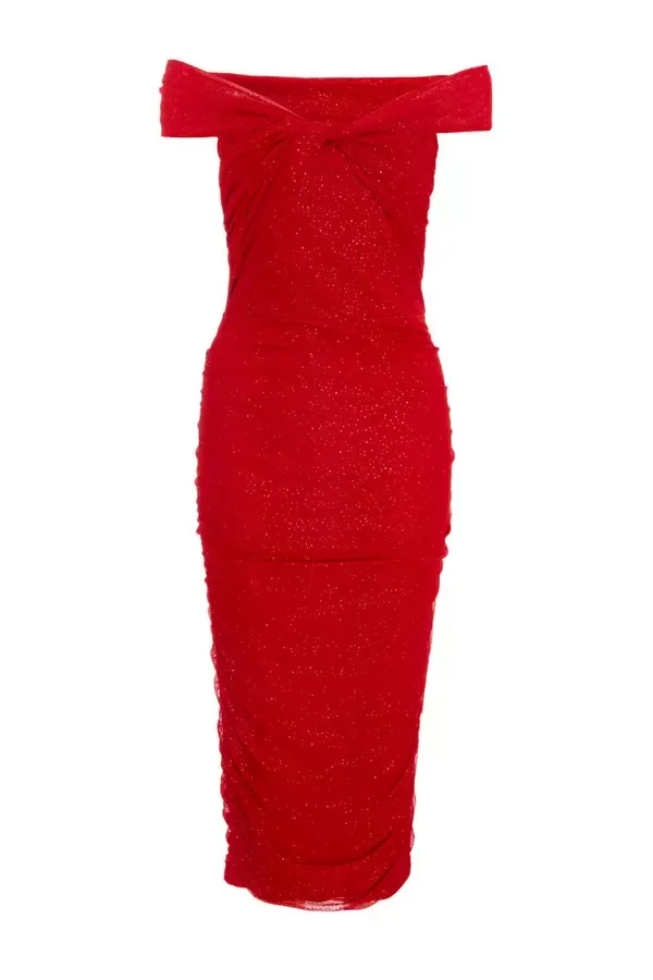 Quiz Clothing Dresses Red Glitter Mesh Midi Dress 8211 Women
