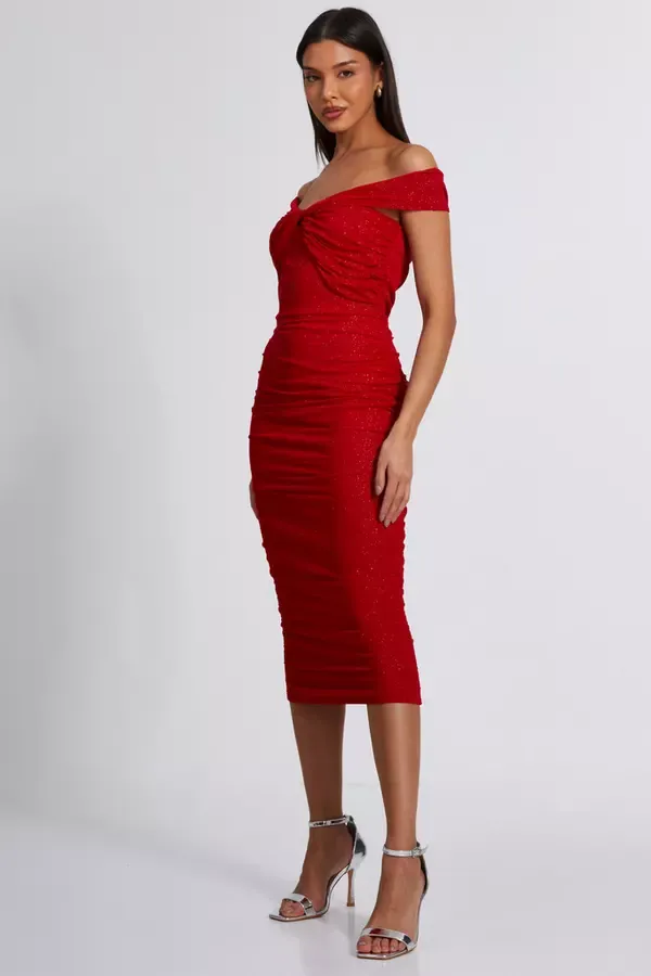 Quiz Clothing Dresses Red Glitter Mesh Midi Dress 8211 Women
