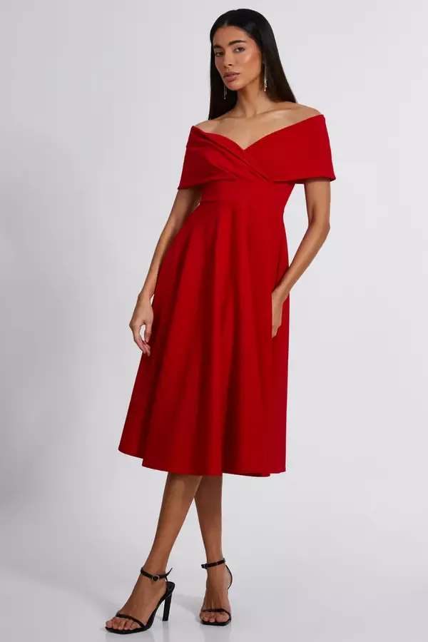 Quiz Clothing Dresses Red Skater Midi Dress 8211 Women