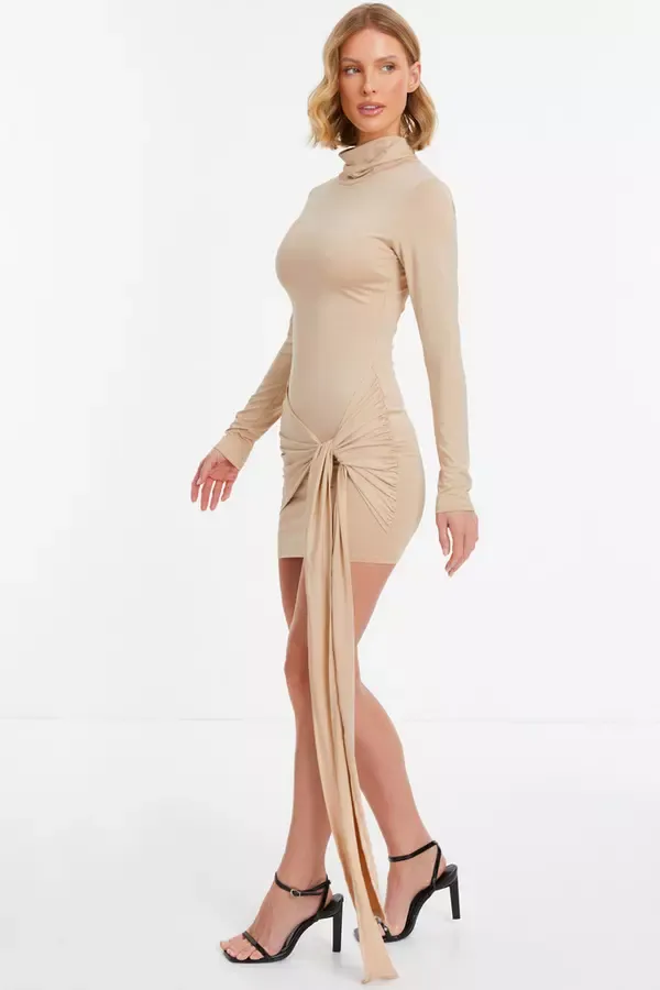 Quiz Clothing Dresses Stone Long Sleeve Tie Mini Dress 8211 Women