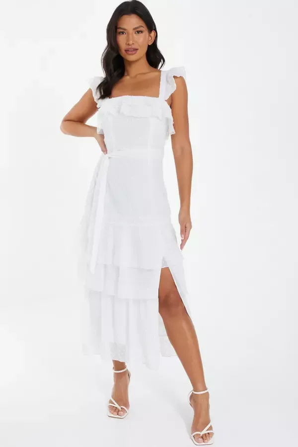 Quiz Clothing Dresses White Chiffon Dobby Tiered Maxi Dress 8211 Women