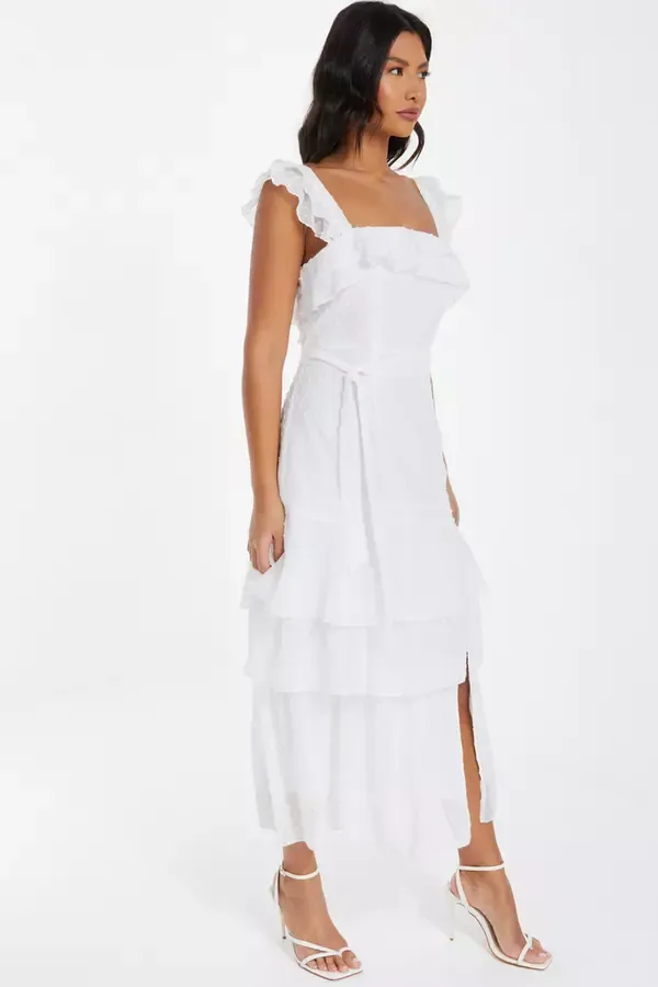 Quiz Clothing Dresses White Chiffon Dobby Tiered Maxi Dress 8211 Women