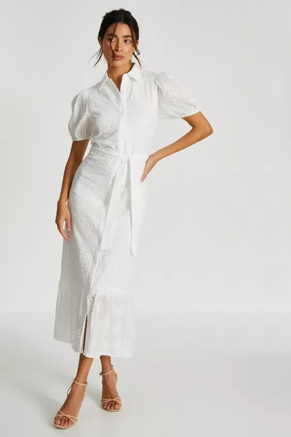 Quiz Clothing Dresses White Embroidered Midaxi Shirt Dress 8211 Women