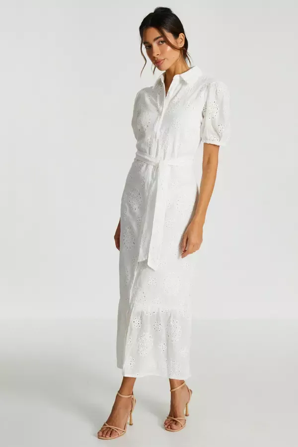 Quiz Clothing Dresses White Embroidered Midaxi Shirt Dress 8211 Women