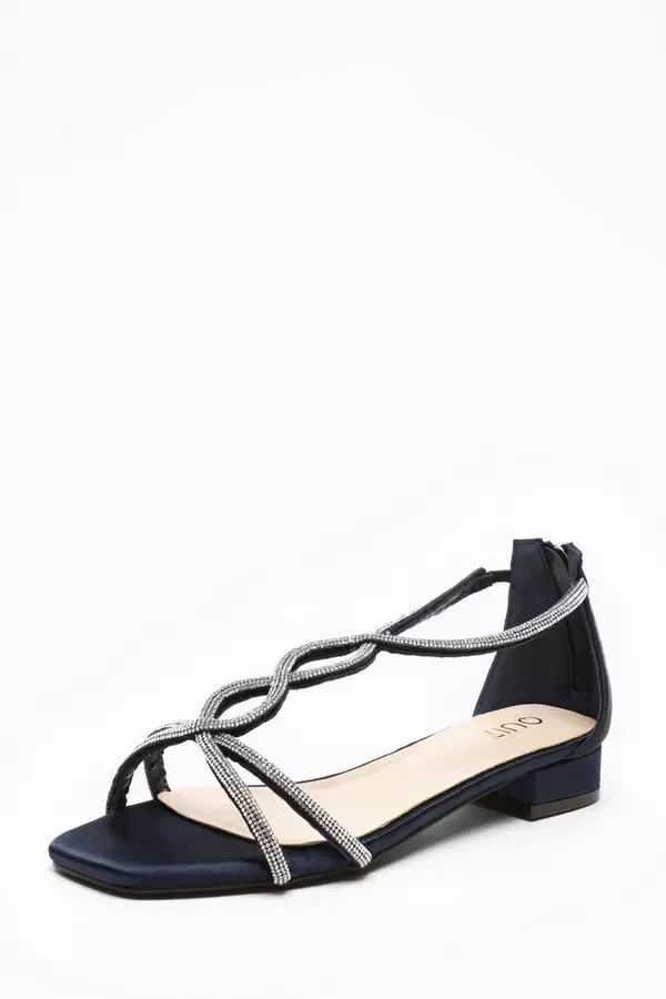 Quiz Clothing Flats Navy Satin Diamante TStrap Flat Sandals 8211 Women