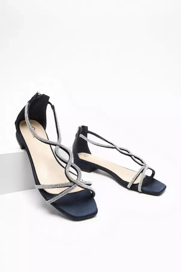 Quiz Clothing Flats Navy Satin Diamante TStrap Flat Sandals 8211 Women