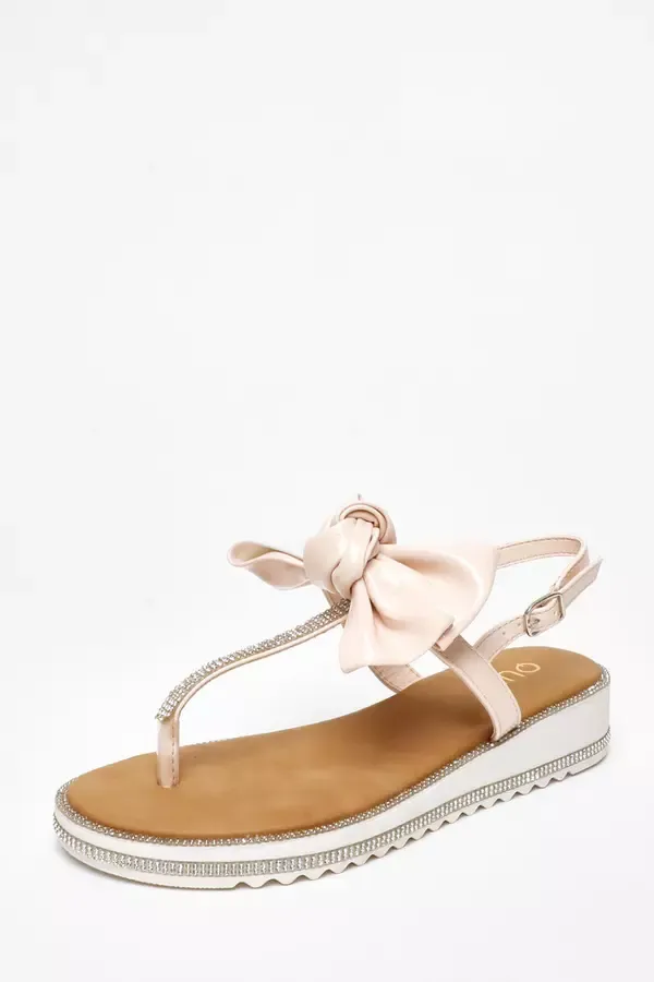 Quiz Clothing Flats Pink Faux Leather Bow Flat Sandals 8211 Women