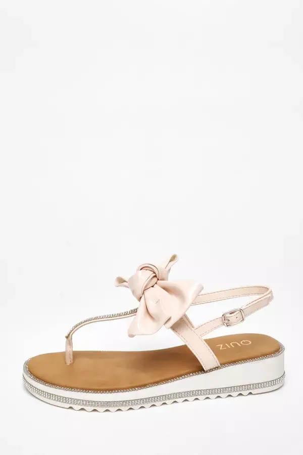 Quiz Clothing Flats Pink Faux Leather Bow Flat Sandals 8211 Women