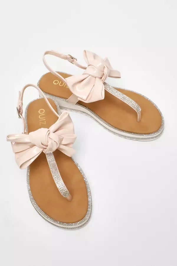 Quiz Clothing Flats Pink Faux Leather Bow Flat Sandals 8211 Women