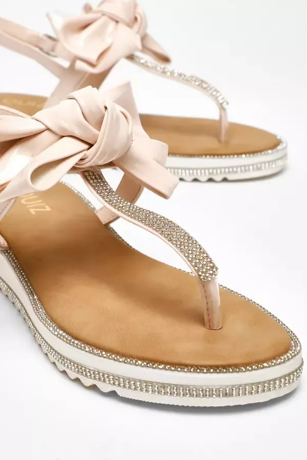 Quiz Clothing Flats Pink Faux Leather Bow Flat Sandals 8211 Women