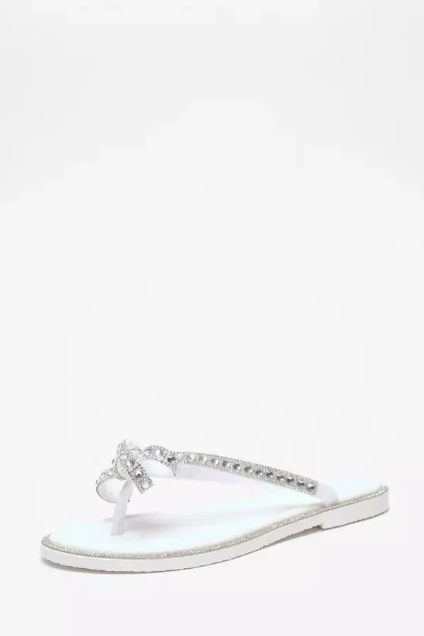 Quiz Clothing Flats White Diamante Bow Flat Sandals 8211 Women