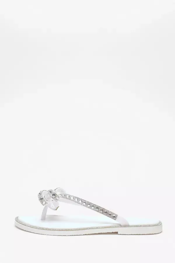 Quiz Clothing Flats White Diamante Bow Flat Sandals 8211 Women