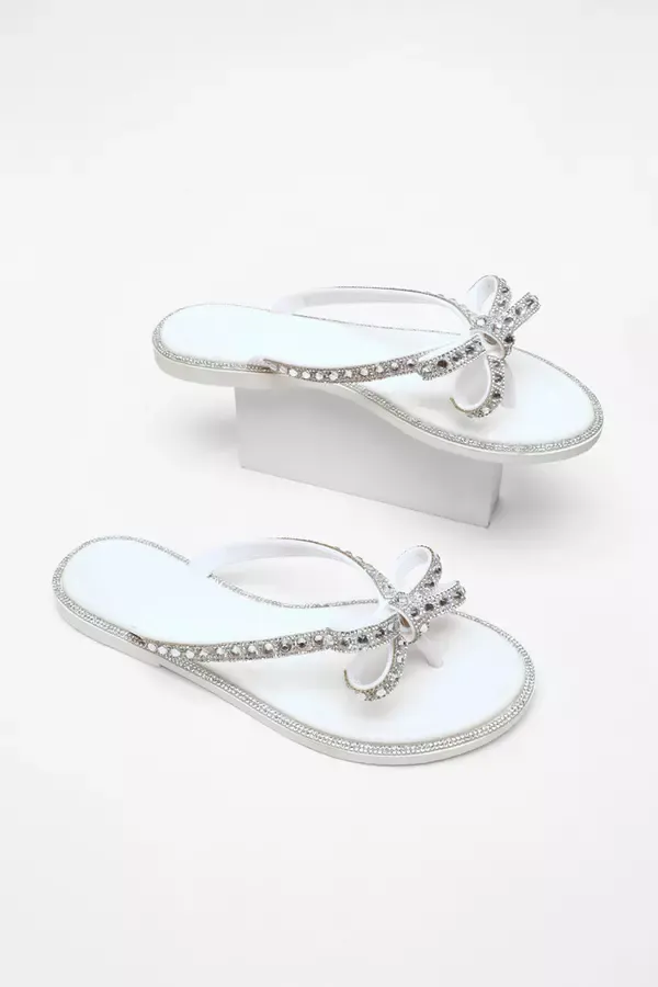 Quiz Clothing Flats White Diamante Bow Flat Sandals 8211 Women