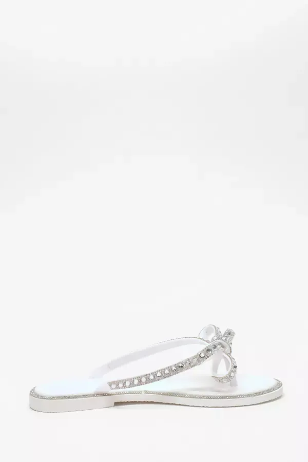 Quiz Clothing Flats White Diamante Bow Flat Sandals 8211 Women