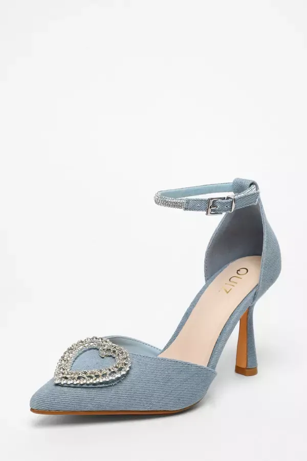 Quiz Clothing Heels Blue Denim Diamante Heart Brooch Court Heels 8211 Women