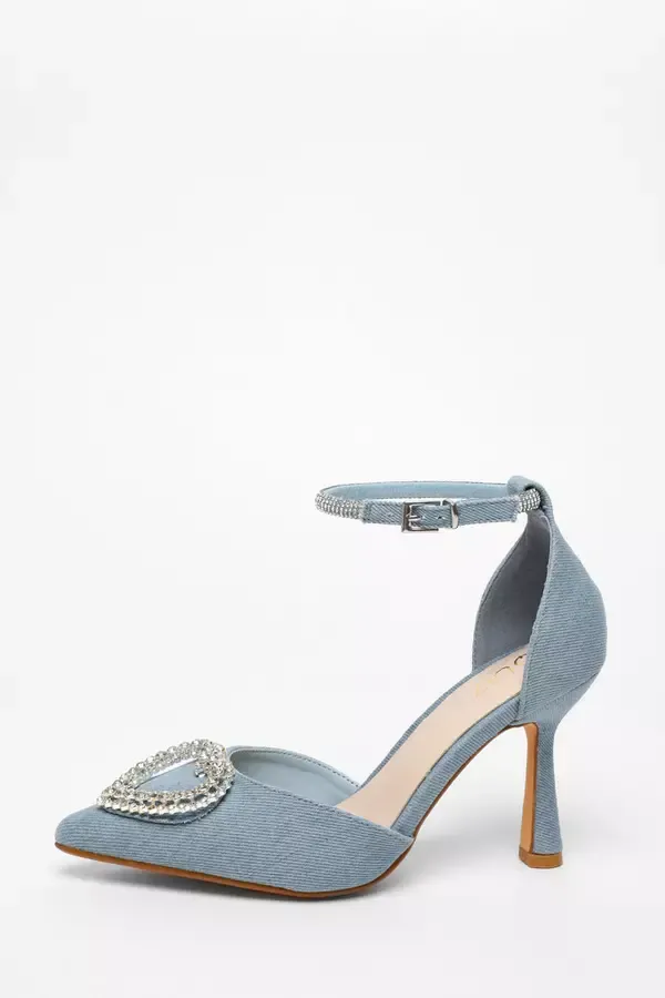 Quiz Clothing Heels Blue Denim Diamante Heart Brooch Court Heels 8211 Women