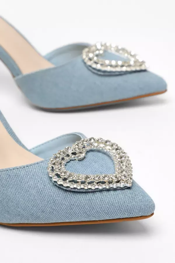 Quiz Clothing Heels Blue Denim Diamante Heart Brooch Court Heels 8211 Women
