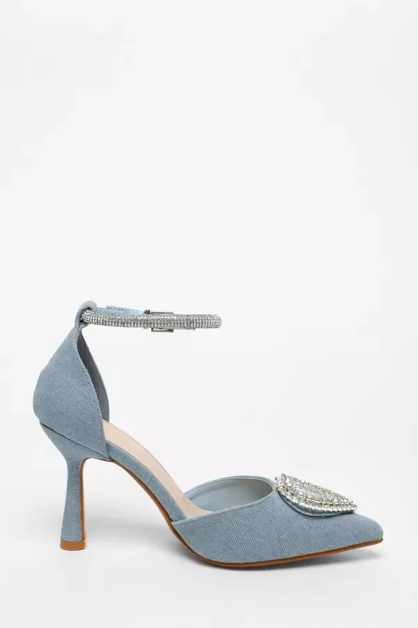 Quiz Clothing Heels Blue Denim Diamante Heart Brooch Court Heels 8211 Women