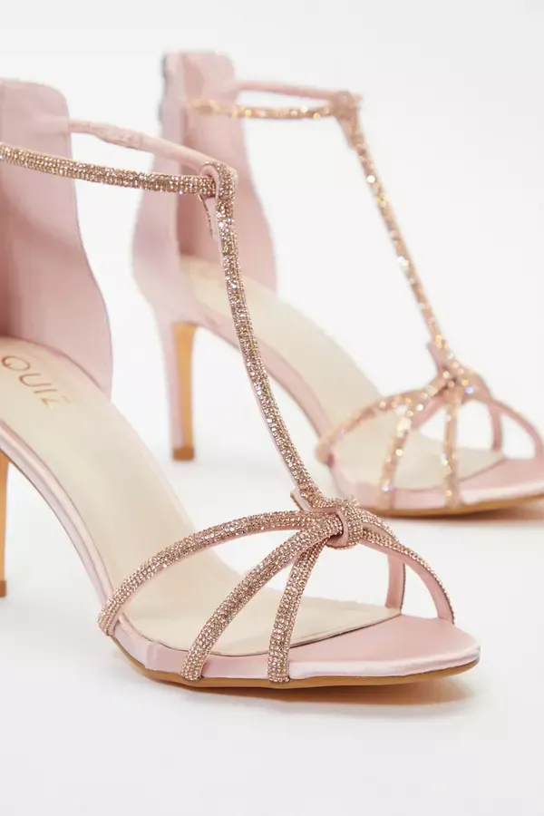 Quiz Clothing Heels Pink Satin Diamante Cross Strap Heeled Sandals 8211 Women