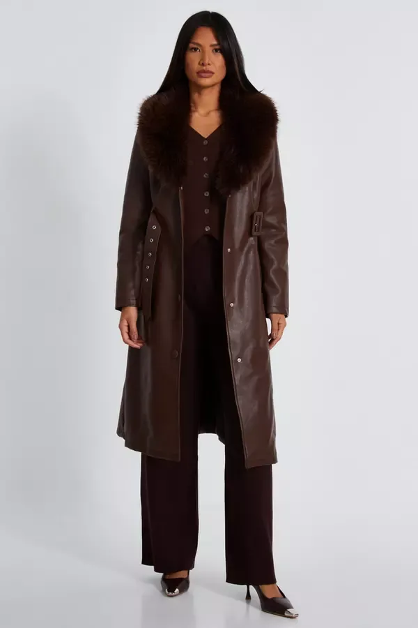 Quiz Clothing Jackets and Coats Brown Faux Leather Trench Coat 8211 Women