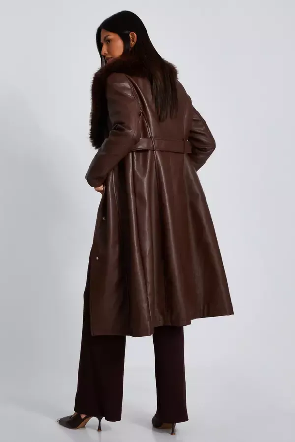 Quiz Clothing Jackets and Coats Brown Faux Leather Trench Coat 8211 Women