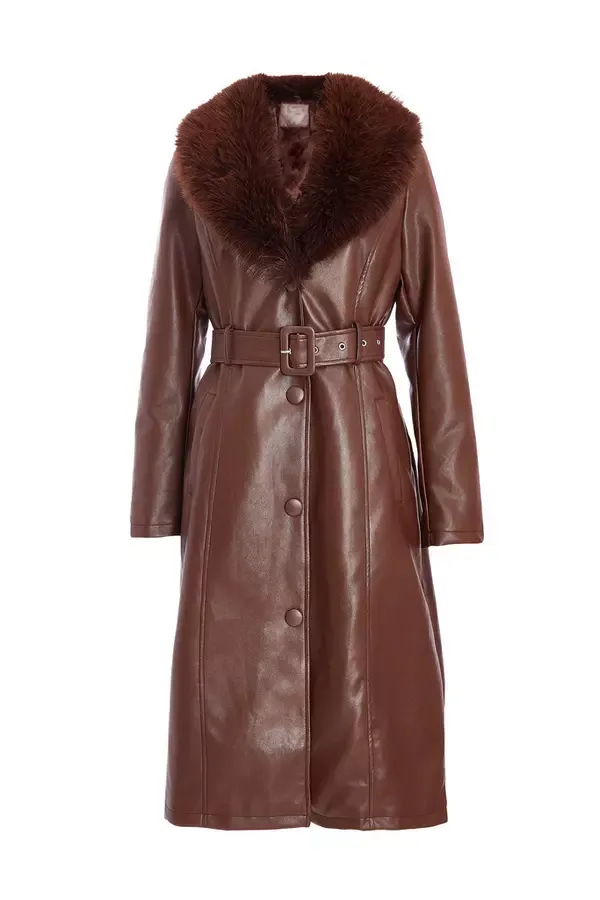 Quiz Clothing Jackets and Coats Brown Faux Leather Trench Coat 8211 Women
