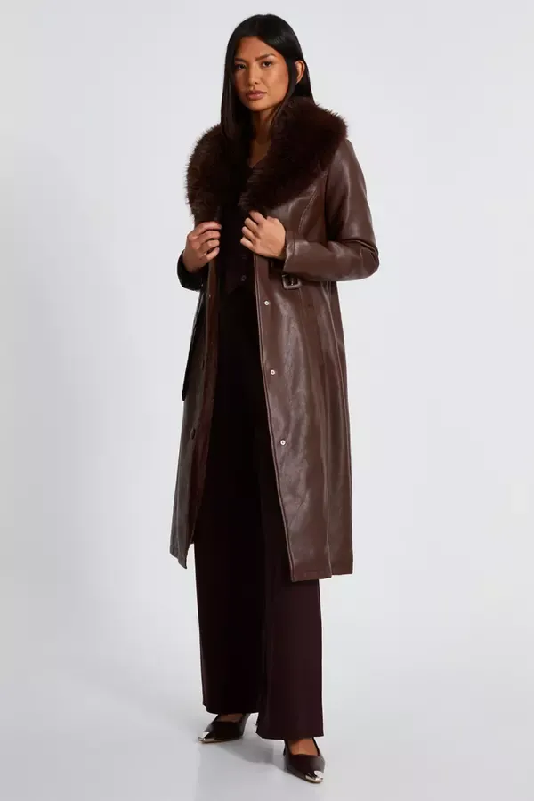 Quiz Clothing Jackets and Coats Brown Faux Leather Trench Coat 8211 Women