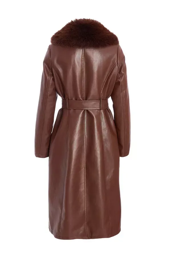Quiz Clothing Jackets and Coats Brown Faux Leather Trench Coat 8211 Women