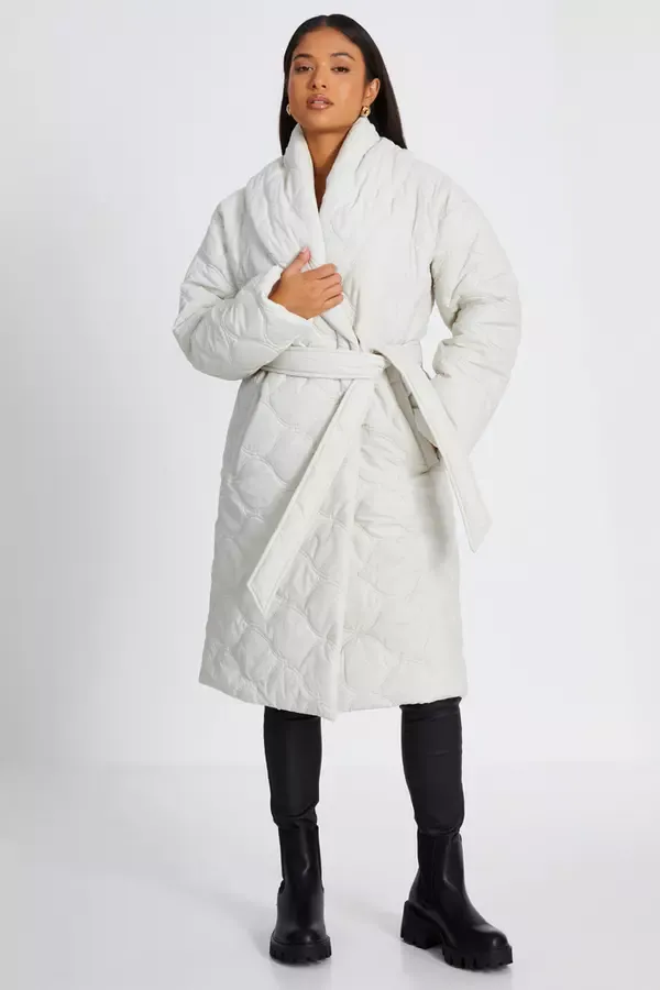 Quiz Clothing Jackets and Coats Petite Cream Quilted Long Line Coat 8211 Women