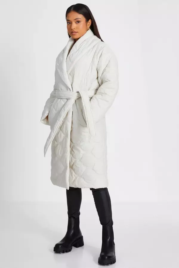 Quiz Clothing Jackets and Coats Petite Cream Quilted Long Line Coat 8211 Women