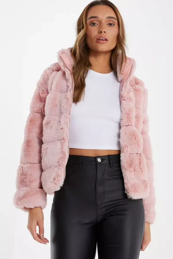Quiz Clothing Jackets and Coats Pink Faux Fur Short Puffer Jacket 8211 Women