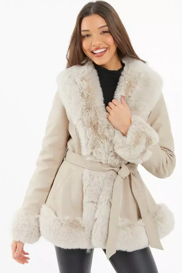 Quiz Clothing Jackets and Coats Stone Faux Fur Trim Belted Jacket 8211 Women