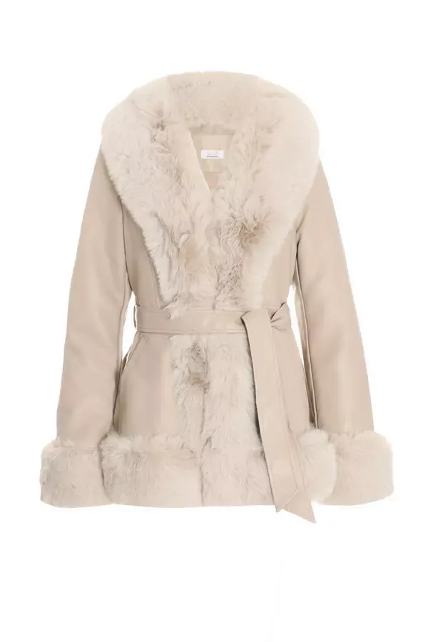 Quiz Clothing Jackets and Coats Stone Faux Fur Trim Belted Jacket 8211 Women Quiz Clothing Jackets and Coats Stone Faux Fur Trim Belted Jacket 8211 Women