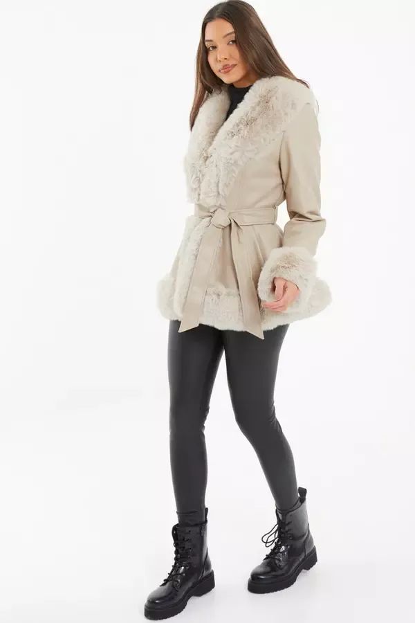 Quiz Clothing Jackets and Coats Stone Faux Fur Trim Belted Jacket 8211 Women Quiz Clothing Jackets and Coats Stone Faux Fur Trim Belted Jacket 8211 Women