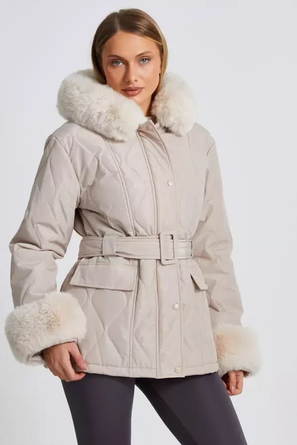 Quiz Clothing Jackets and Coats Stone Faux Fur Trim Jacket 8211 Women