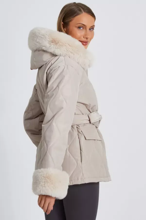 Quiz Clothing Jackets and Coats Stone Faux Fur Trim Jacket 8211 Women