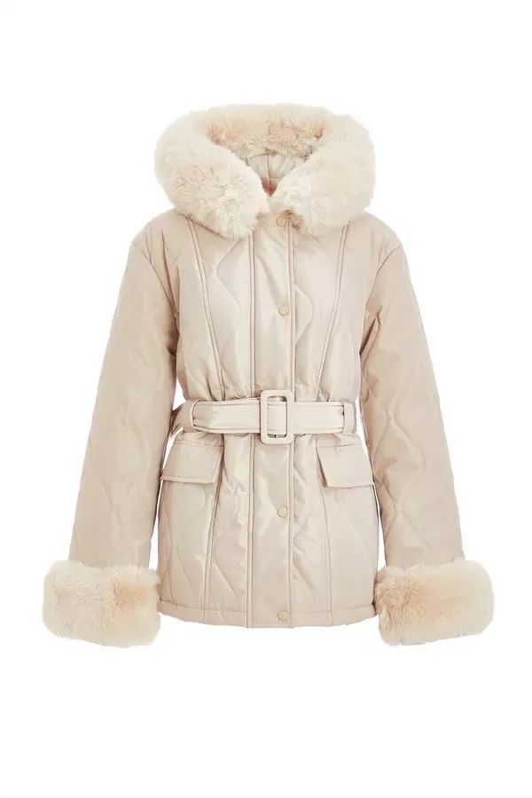 Quiz Clothing Jackets and Coats Stone Faux Fur Trim Jacket 8211 Women