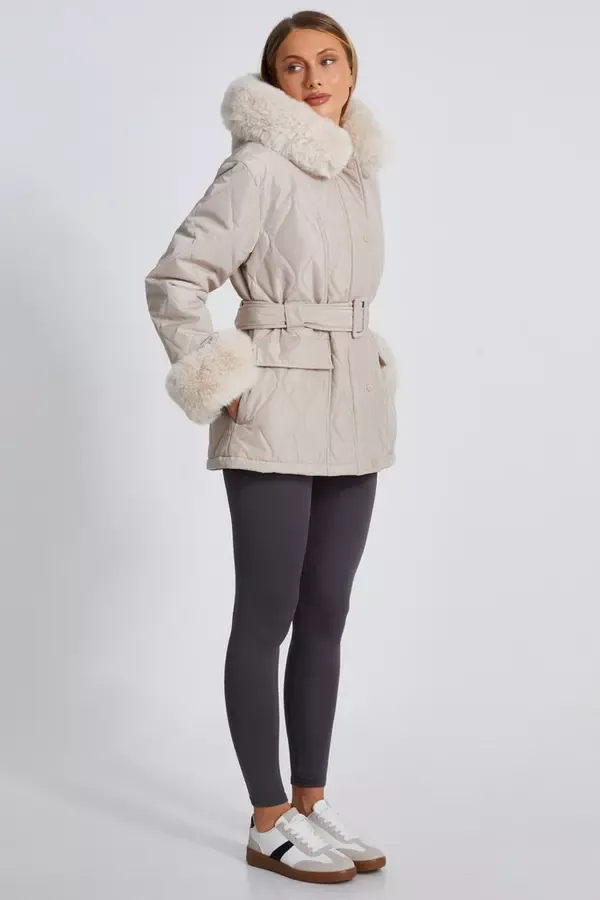 Quiz Clothing Jackets and Coats Stone Faux Fur Trim Jacket 8211 Women
