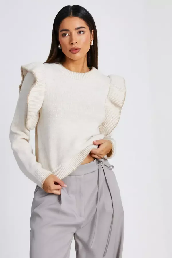 Quiz Clothing Jumpers Beige Knitted Frill Sleeve Jumper 8211 Women