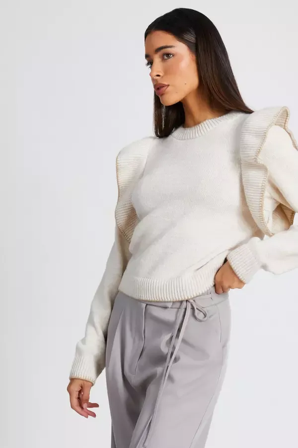 Quiz Clothing Jumpers Beige Knitted Frill Sleeve Jumper 8211 Women