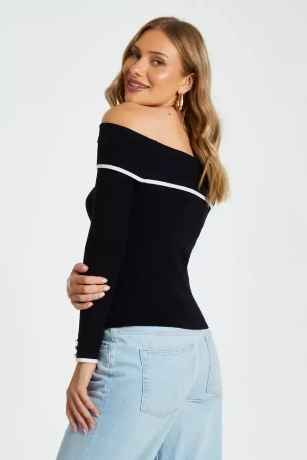Quiz Clothing Jumpers Black Contrast Trim Bardot Knitted Top 8211 Women