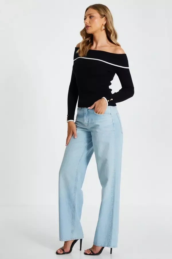 Quiz Clothing Jumpers Black Contrast Trim Bardot Knitted Top 8211 Women