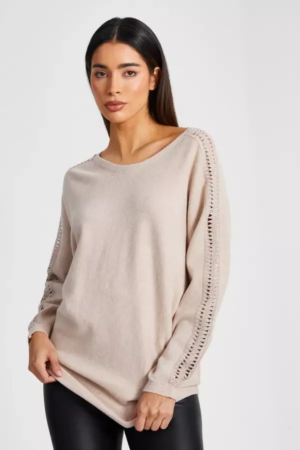 Quiz Clothing Jumpers Stone Knit Diamante Sleeve Jumper 8211 Women