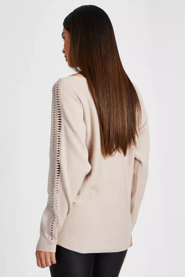 Quiz Clothing Jumpers Stone Knit Diamante Sleeve Jumper 8211 Women