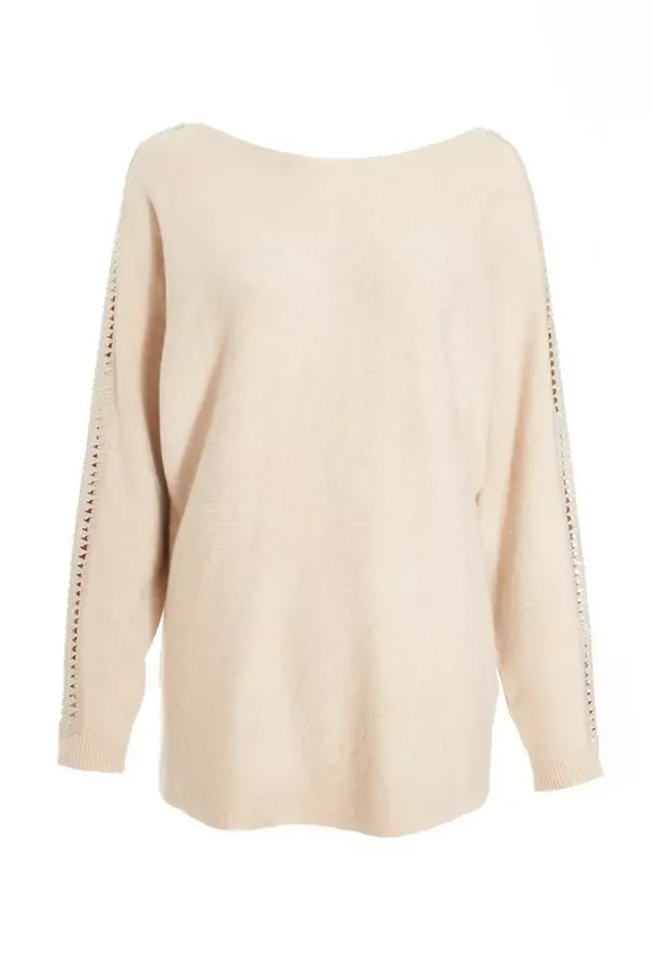 Quiz Clothing Jumpers Stone Knit Diamante Sleeve Jumper 8211 Women